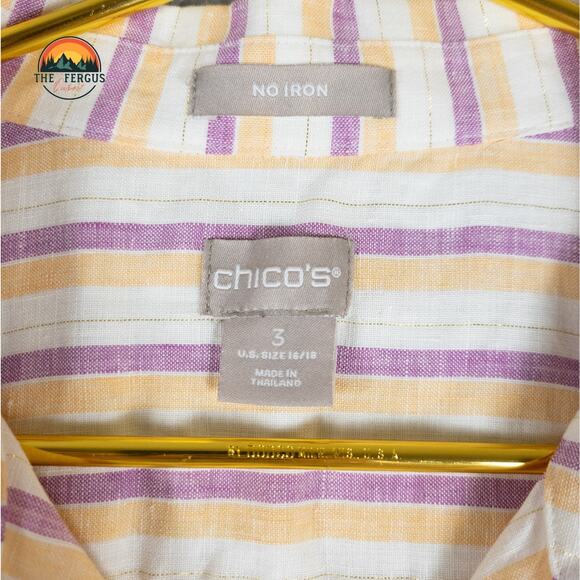 Chicos Striped 100% Linen Pink No Iron Button Up Shirt Plus Women's Sz 3 (16/18) - Picture 8 of 11